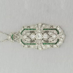 Art Deco Style Lab Created Diamond & Emerald Wedding 14k White Gold FN Pendant