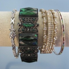 Vintage Rhinestone Bracelet Lot Of 4 Green Stretch Clear Cuffs One Multicolor