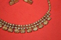 Beautiful Vintage Unsigned Glass SLAG Brown Stone Necklace & EariNGS 1970’s