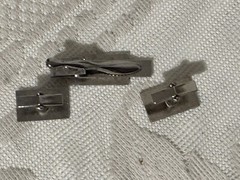 Vtg Matching Tie Bar & Cufflink Set Blue & White Enamel SilverTone W/ Box Retro