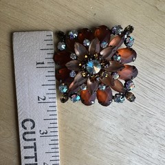 Vintage Flower Brooch 2 Inch Satin Amber Acrylic Layered Tiered Aurora Borealis