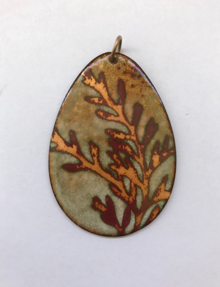 Copper & Rust Fern Leaf Stems on Tan/Green Enamel over Copper Oval MCM Pendant