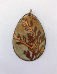 Copper & Rust Fern Leaf Stems on Tan/Green Enamel over Copper Oval MCM Pendant
