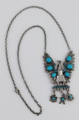 Vintage Silver Tone Thunderbird Pendant Necklace w/Faux Turquoise Decoration