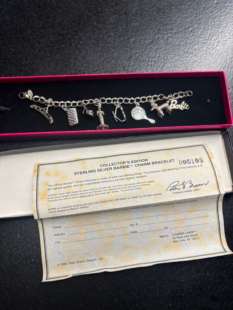 Vintage 1990 Sterling Silver Nostalgic Barbie Charm Bracelet w/box COA