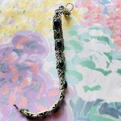 Vintage Black Cabochon Panel Link Bracelet Toggle Clasp Silver Tone Gothic Boho