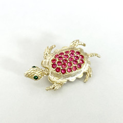 Vintage Pink Rhinestone Green Eyed Turtle Animal Gold Tone Brooch Pin