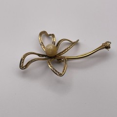 Vintage Flower Pin, 12K Gold-Filled, with Opal Stone, 2-1/2 inches, secure clasp