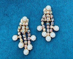 Signed Kramer NY Chandelier Earrings – Faux Pearl Aurora Borealis Crystal Clip-O