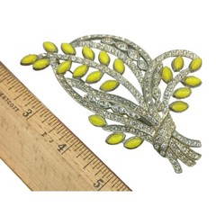 Rhinestone Brooch Floral Spray Yellow Clear Stones Flower Pin Pot Metal Vintage