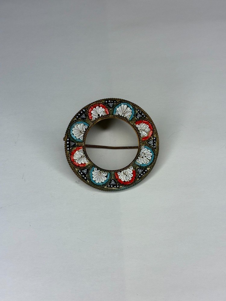 Vintage Micro Mosiac Glass Round Brooch Italy