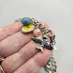 Vintage Silver Tone Charm Necklace Faux Turquoise Beaded Chain Bird Flower Beach