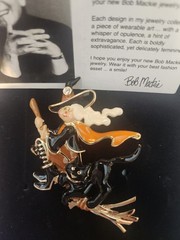 VTG NOS Bob Mackie Halloween Witch Flying Broomstick Black Cat Enameled Brooch