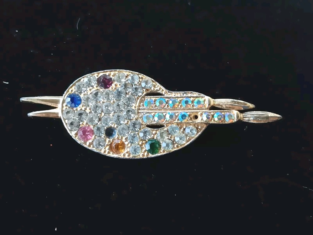 Vintage Artist’s Paint Palette & Brushes Brooch Gold Tone With Rhinestones