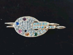 Vintage Artist’s Paint Palette & Brushes Brooch Gold Tone With Rhinestones