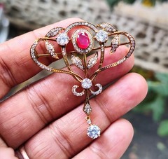3Ct Oval Lab Created Red Ruby Antique Brooch Pin 14K Yellow Gold Plated Silver