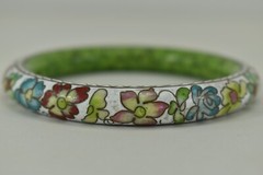 Asian Dainty White Enameled Bangle With Beautiful Flowers Good Quality