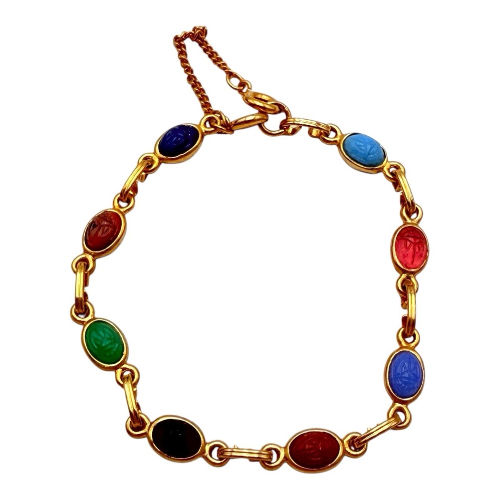 Vintage Scarab Bracelet Gold Tone Metal Faux Stone 7.5”