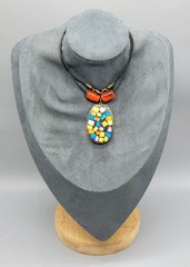 Vintage Look Micro Mosiac Blue Orange Costume Necklace N1D