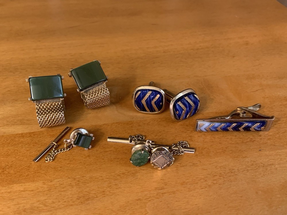 Lot of Cufflinks, Tie bar, Tie Tacks~Gold Tone Mesh Wrap Green, blue~Swank+