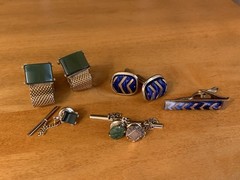 Lot of Cufflinks, Tie bar, Tie Tacks~Gold Tone Mesh Wrap Green, blue~Swank+