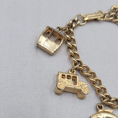 Vintage Charm Bracelet Gold tone Estate Costume 7 Dangle Charms 6.5″
