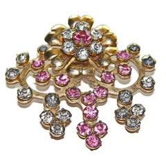 Vintage Floral Rhinestone Brooch, Gold Plated Flower