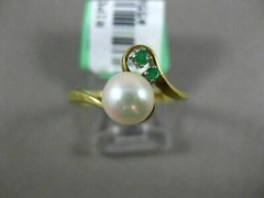 ESTATE .05CT AAA EMERALD & SOUTH SEA PEARL 14KT YELLOW GOLD 3D ANNIVERSARY RING