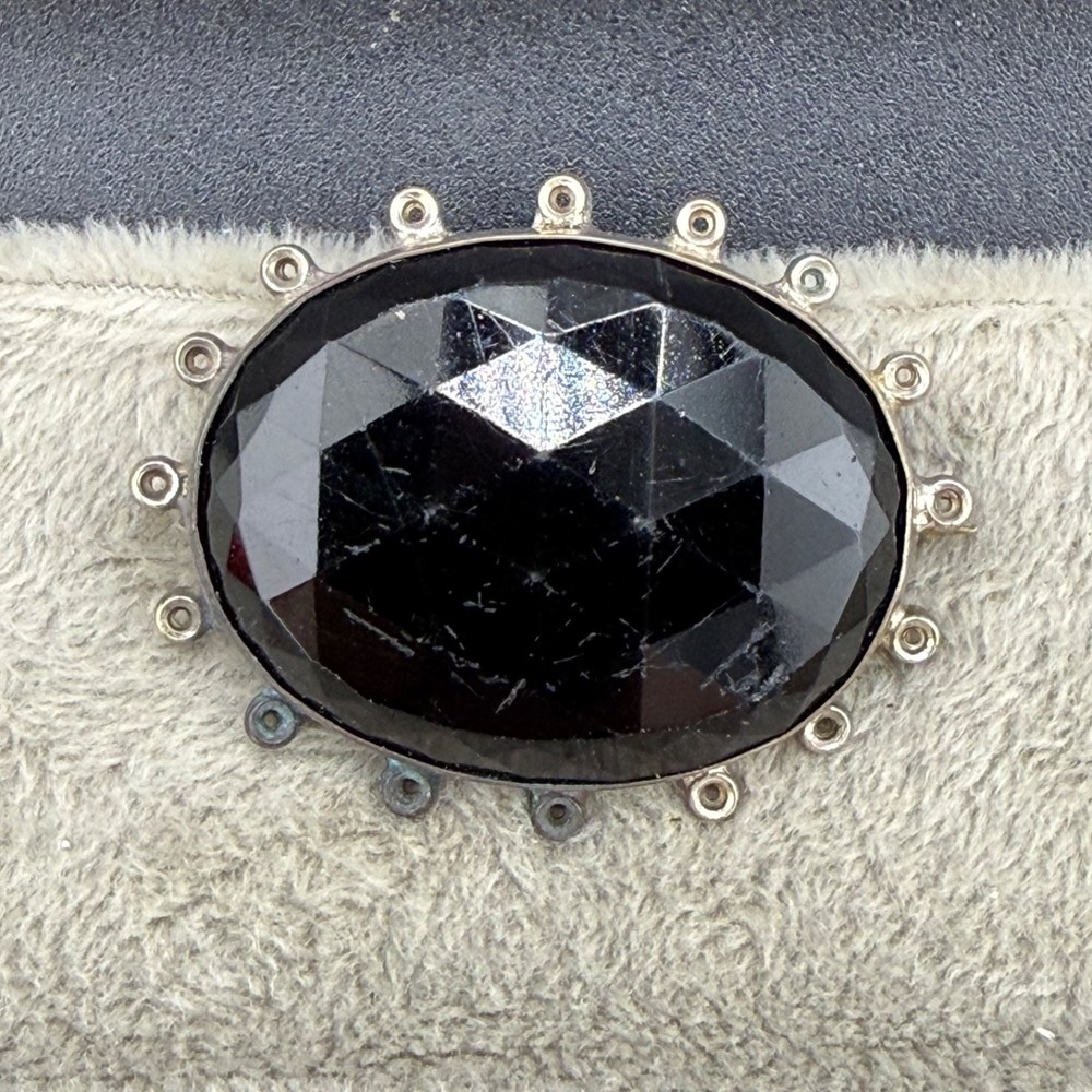 Vintage Rhinestone Brooch Black Silver Tone READ