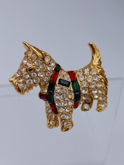 Vintage Scottie Terrier K.J.L I’m Clear Rhinestone Brooch Red Green Harness