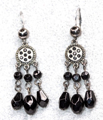 Silver Tone Black Dangle Drop Glass Bead Chandelier Pierced Earrings