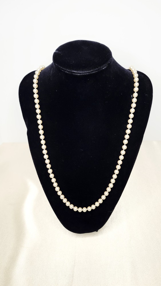 Vintage Glass Faux Pearl Necklace Signed G. Silver Clasp – 6mm Beads, 36″ L