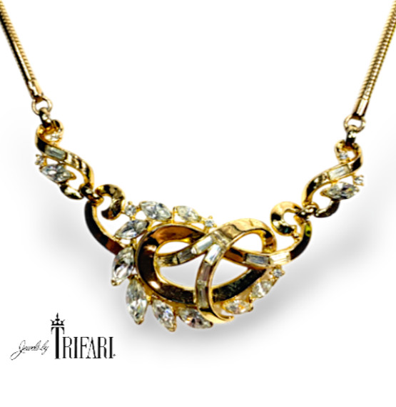 Vintage 1950 Signed Trifari Knotted Rhinestone Gold Trifarium Necklace