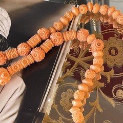 Art Deco Galalith Necklace Peach Orange Carved Beads 26” Opera Length