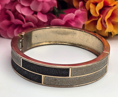 Black Silver Druzy Geometric Clamper Bracelet Gold Tone 7.5 In Hinged Vintage