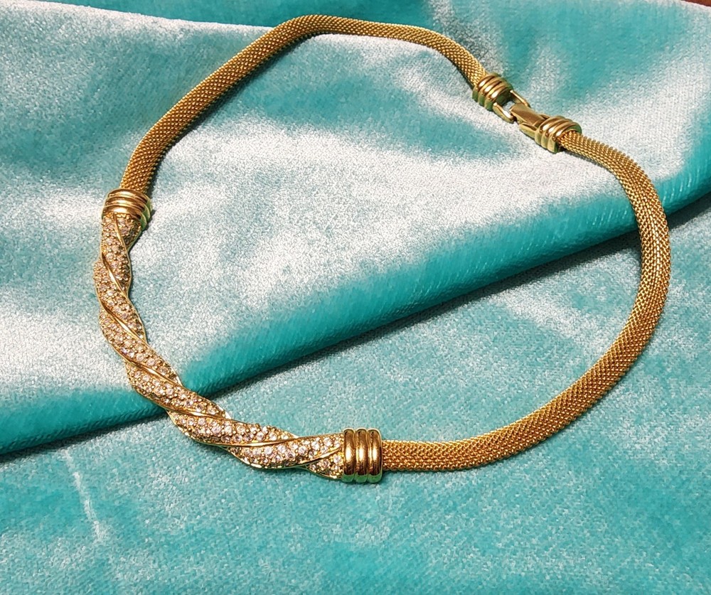 Swarovski Gold Mesh Choker Necklace Twisted Pave Crystal Signed Mint Condition