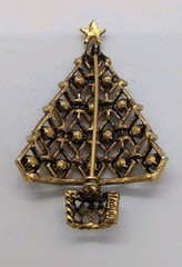 Hedy Christmas Tree Brooch Pin Multicolored Round Rhinestones Antique Gold Tone