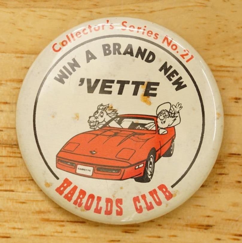 Vintage Auto Pinback Button Harolds Club No 21 Win a Brand New Corvette Car
