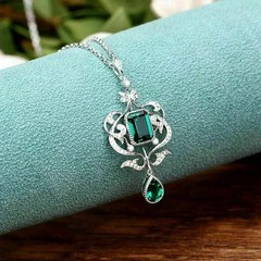 Art Deco Style Party Wear Emerald Lab Created Diamond 14k White Gold FN Pendant