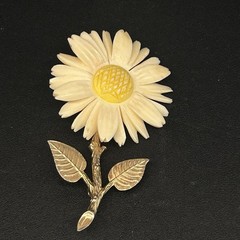 Vtg Accessocraft Plastic Celluloid Carved Daisy Brooch And Screw On Earrings Set