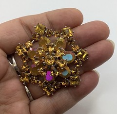 Vintage Silver Tone Topaz Pear & Square W/AB Oval Rhinestone Layered Star Brooch