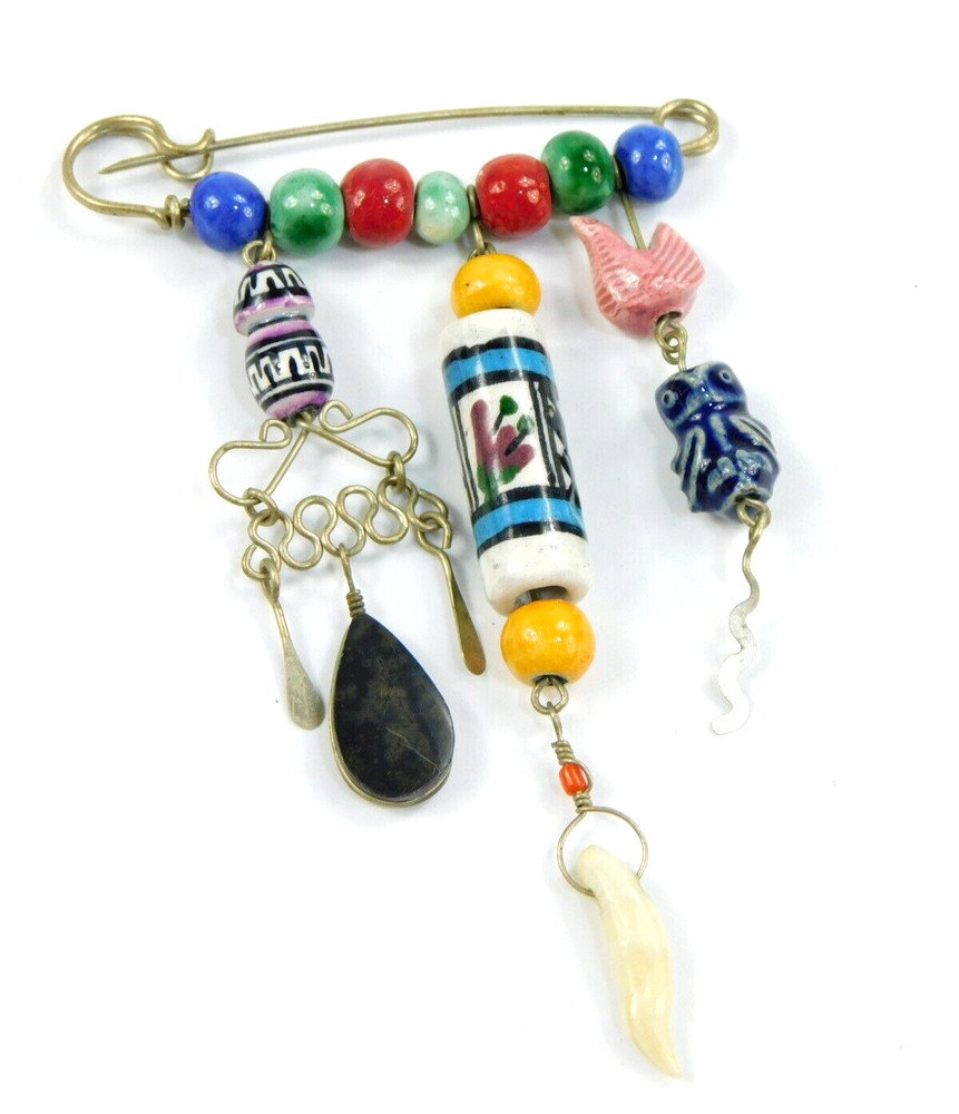 Vintage Mexico? Tonala Style Clay Pottery Beaded Dangle Pin Animals 3.25″ Long