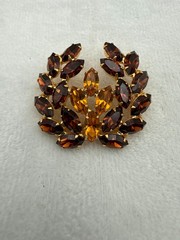 Vtg B David Smoke & Topaz Rhinestone Brooch Earrings Set Marquise Leaf Gold Tone