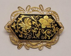 Vintage Damascene Brooch Pin Flowers Filigree Frame Trombone Clasp