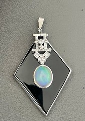 Platinum 8.5CT Opal, 0.60CTW Diamond & Onyx Pendant(BU34)
