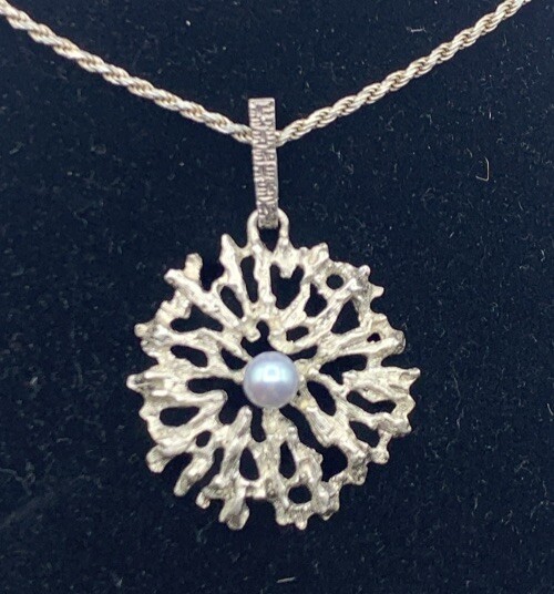 800 Silver Pearl Pendant Modernist Brutalist Naturalistic MCM Vintage Chain