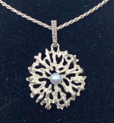 800 Silver Pearl Pendant Modernist Brutalist Naturalistic MCM Vintage Chain