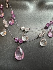 Triple Wire Bead Necklace Pink Purple Faceted Rhinestone Teardrop Dangles Retro