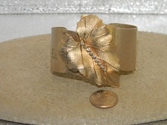 Vintage Judy Lee Leaf and Rhinestone Cuff Bracelet Goldtone