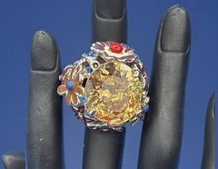 Vintage Floral Cocktail Ring Yellow Faceted Stone Multicolor Enamel Adjustable